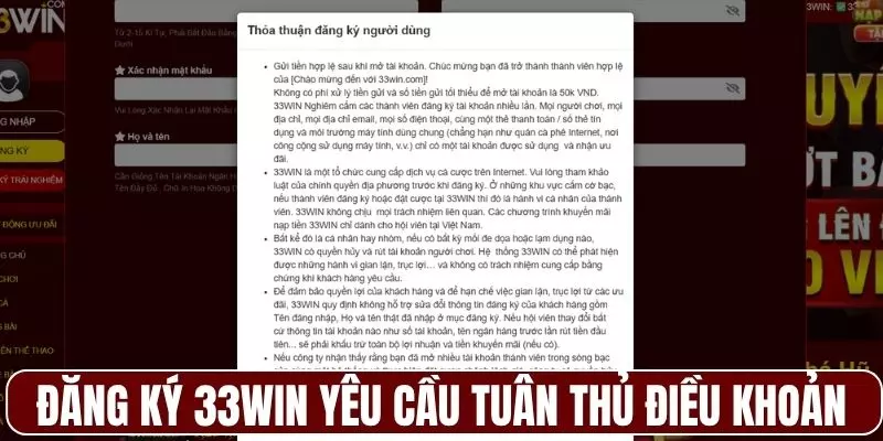 Đăng ký 33WIN yêu cầu người chơi tuân thủ điều khoản